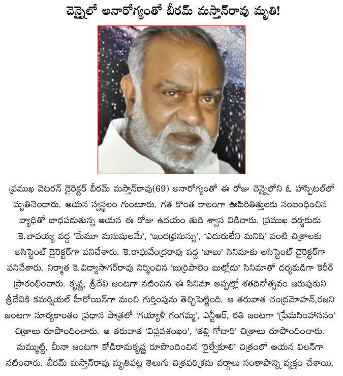 beeram masthan rao,beeram masthan rao died,beeram masthan rao pssed away,director beeram masthan rao,n.t. ramarao,superstar krishna,sridevi,chandramohan,rajini.rathi,gayyali gangamma,viplavashankham,premasimhasanam,burrepalam bullodu,  beeram masthan rao, beeram masthan rao died, beeram masthan rao pssed away, director beeram masthan rao, n.t. ramarao, superstar krishna, sridevi, chandramohan, rajini.rathi, gayyali gangamma, viplavashankham, premasimhasanam, burrepalam bullodu, 